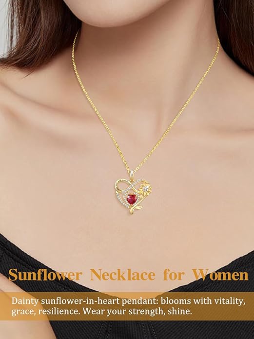 14K Gold Sunflower Heart Necklace for Women, You Are My Sunshine Jewelry with Birthstone Pendant, Anniversary Birthday Gifts for Her Wife Mom Grandma Daughter