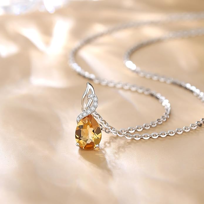 FANCIME 14K Solid White Gold Teardrop Pendant with Diamond Birthstone Necklace
