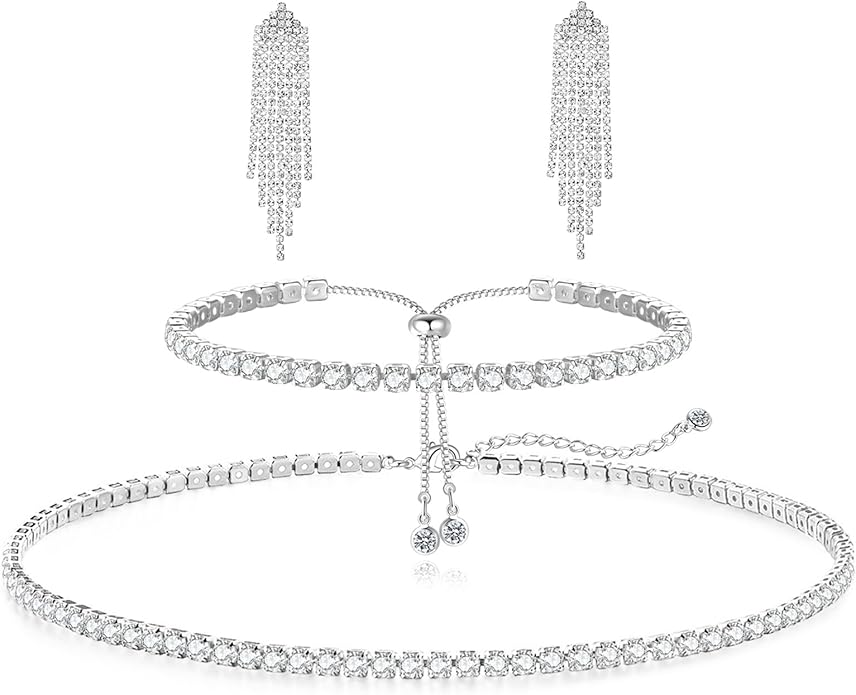 Tennis Necklace Bracelet for Women, Sterling Sliver, Dainty Chocker Necklace, Crystal Bracelet for Women, Wedding Jewelry for Bride, Sparkly Party Prom Hypoallergenic