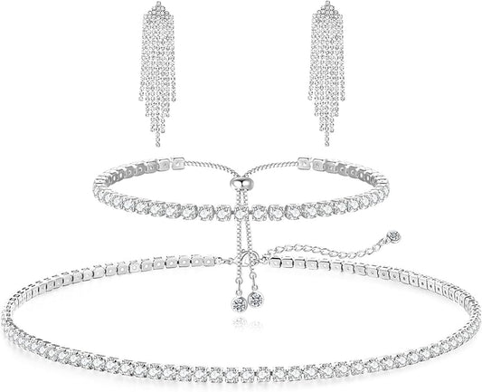 Tennis Necklace Bracelet for Women, Sterling Sliver, Dainty Chocker Necklace, Crystal Bracelet for Women, Wedding Jewelry for Bride, Sparkly Party Prom Hypoallergenic