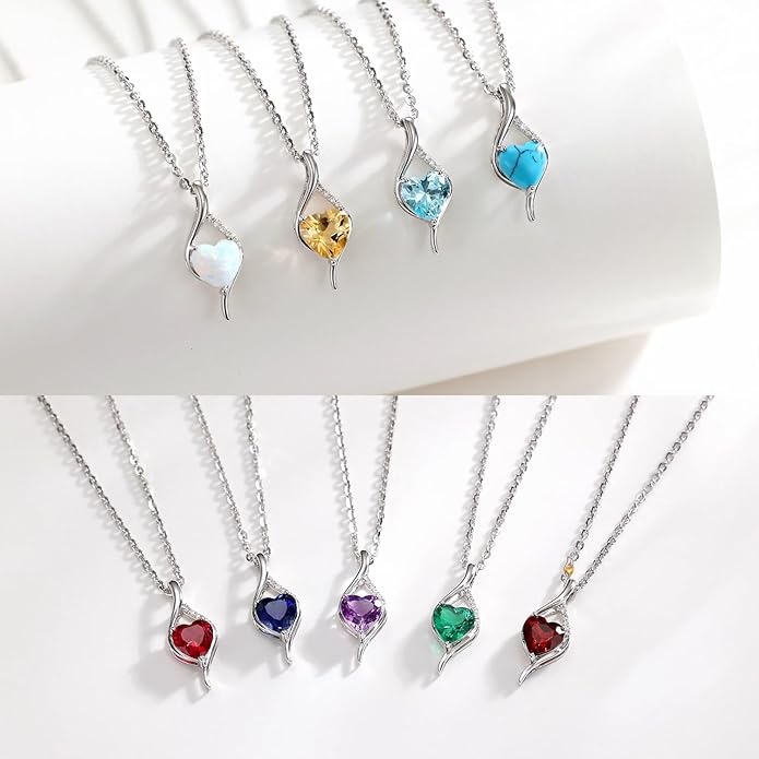 FANCIME 14K Solid White Gold Birthstone Necklace Genuine or Created 6mm Heart Gemstone Pendant with Lab Grow Diamonds Sterling Silver Chain Fine Jewelry Anniversary Birthday Gifts for Women 16" + 2"
