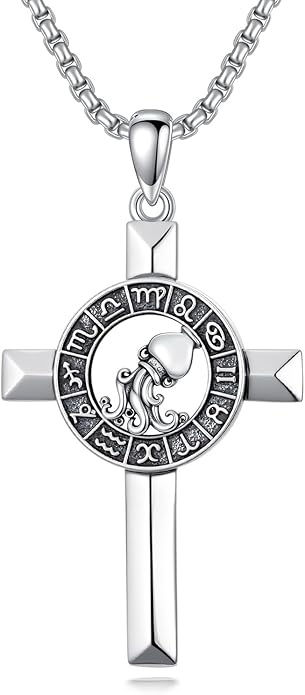 MEIDERBO Cross Zodiac Necklace 925 Sterling Silver 12 Constellation Horoscope Astrology Pendant Necklace Zodiac Sign Jewelry Gifts for Men Women