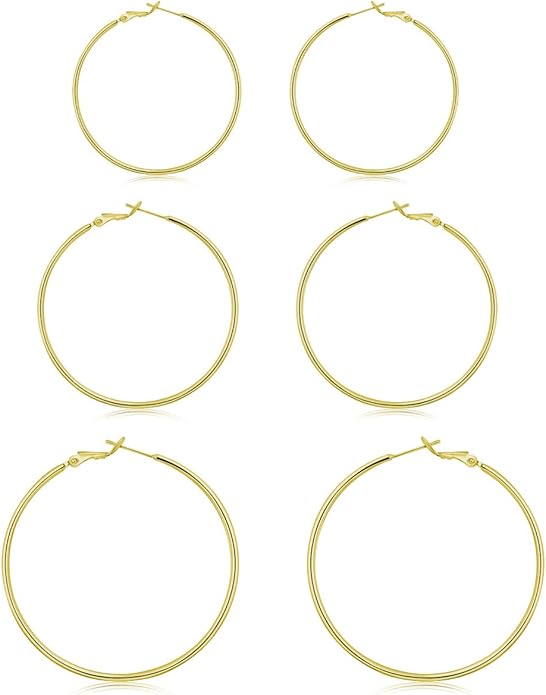 3 Pairs Sterling Silver Hoop Earrings, 14K White Gold Plated Big Hoop Earrings Set for Women 40 50 60MM