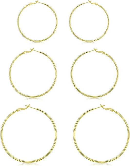 3 Pairs Sterling Silver Hoop Earrings, 14K White Gold Plated Big Hoop Earrings Set for Women 40 50 60MM