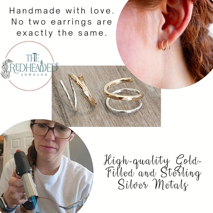 Handmade TINY Huggie Mixed Metal Twist Loop Earrings Double Hoop for Single Piercing Sterling Silver & Gold Earrings for Women Spiral