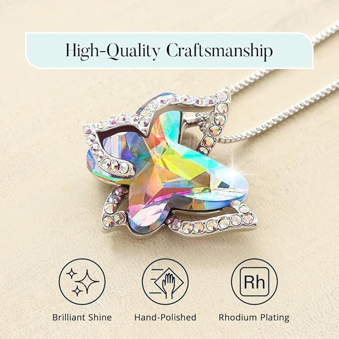 Gift Butterfly Birthstone Crystal Necklace, Silver Tone with 18”+2” Chain, Necklace for Mother’s Day Anniversary Birthday Gifts for Women and Daughter