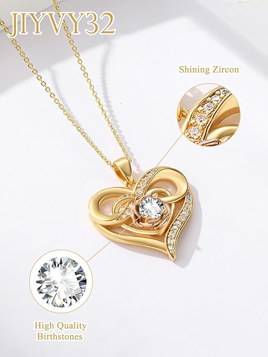 Infinite Heart Birthstone Necklaces for Women Gold Plated Pendant Wedding Anniversary Birthday Gift for Wife Her Mom Grandma Daughter Jewelry with Round Birthstone