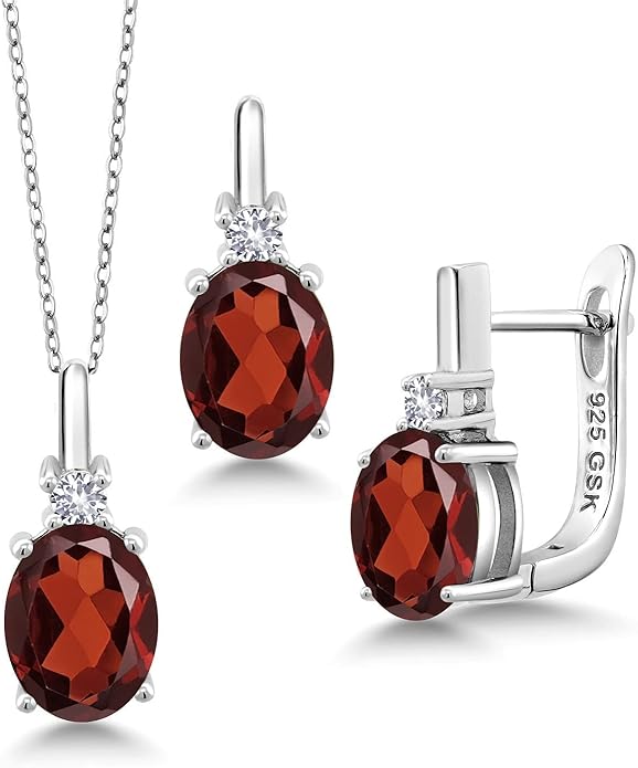 Gemstone Birthstone and White Created Sapphire Pendant and Earrings Jewelry Set for Women in 925 Sterling Silver | Oval 8X6MM and Round 2.5MM | With 18 Inch Chain | Fine Jewelry for Her Mom Women Wife