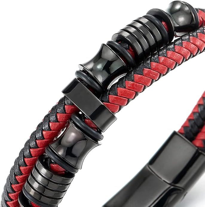 COOLSTEELANDBEYOND Mens Double-Row Braided Leather Bracelet Bangle Wristband with Stainless Steel Ornaments