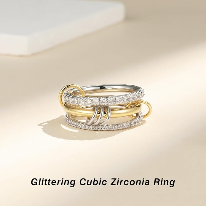 Emibele 14K Gold Plated Stackable Rings for Women, Interlocking Non Tarnish Gold Rings, Silver Dainty Cubic Zirconia Bands, Two-Toned Mixed Metal Stacking Band, Trendy Jewelry Gifts for Women