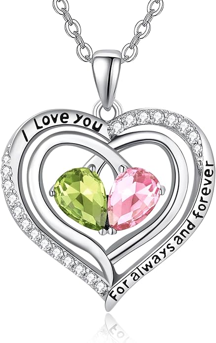 Zeuslia Double Birthstone Necklace Gifts for Wife - 925 Sterling Silver Sunflower/Rose/Crown Cross/Compass/Heart Pendant I Love You Necklace, Anniversary Birthday Gifts for Wife Girlfriend Mom Her