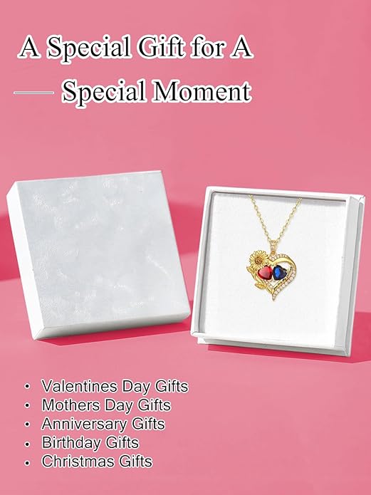 Sunflower Heart Necklace for Women 14K Gold Exquisite Anniversary Birthday Gifts for Wife Mother Her Double Birthstone Pendant jewelry‘You Are My Sunshine’