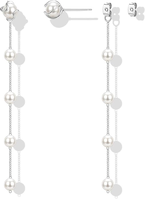 Zeffy Pearl Earrings for Women 14k Gold/Silver Pearl Drop Earrings Long White Pearl Tassel Dangle Statement Earrings Bridal Wedding Dainty Prom Earrings Birthday Gifts Jewelry