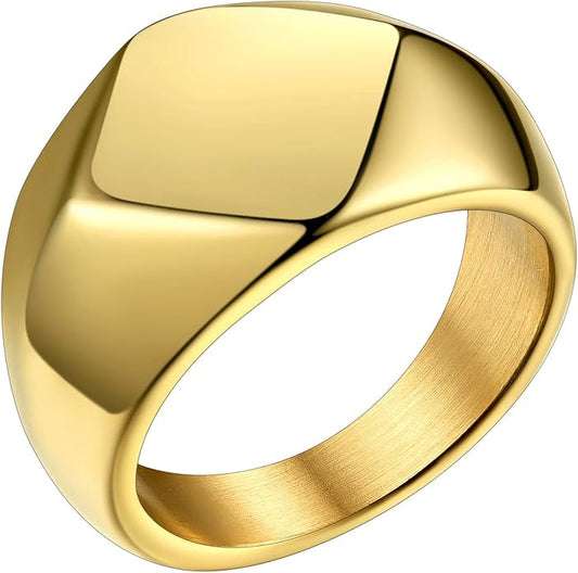 Bestyle Stainless Steel Signet Ring for Men Women in Gold/Black/Silver/Vintage Gray Tone, Chunky Thick Heavy Dome Band Ring Cool Finger Ring, Gift for Dad Husband, Size 7-14 Customizable