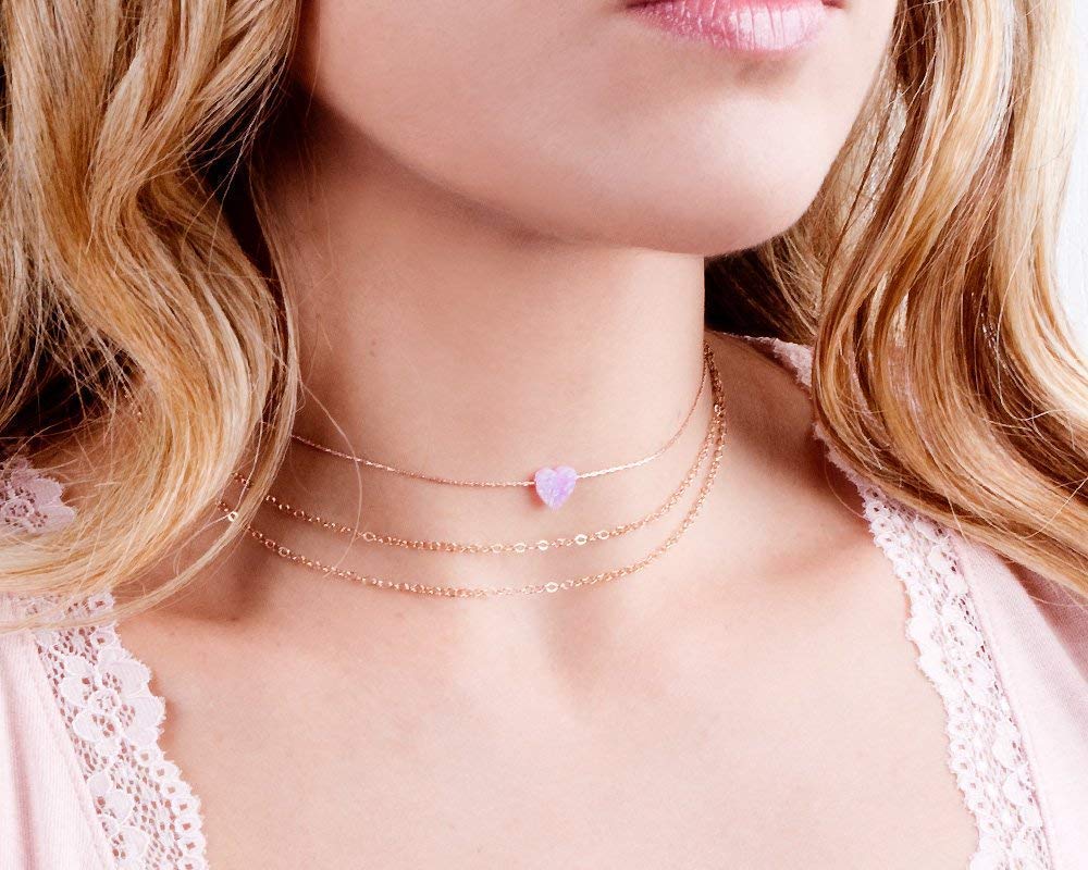 Pink Opal Heart on Rose Gold Filled Choker Necklace - Designer Handmade Necklace for Women - Length: 13.5 inch + 3 inch Extender (rose gold filled, pink)