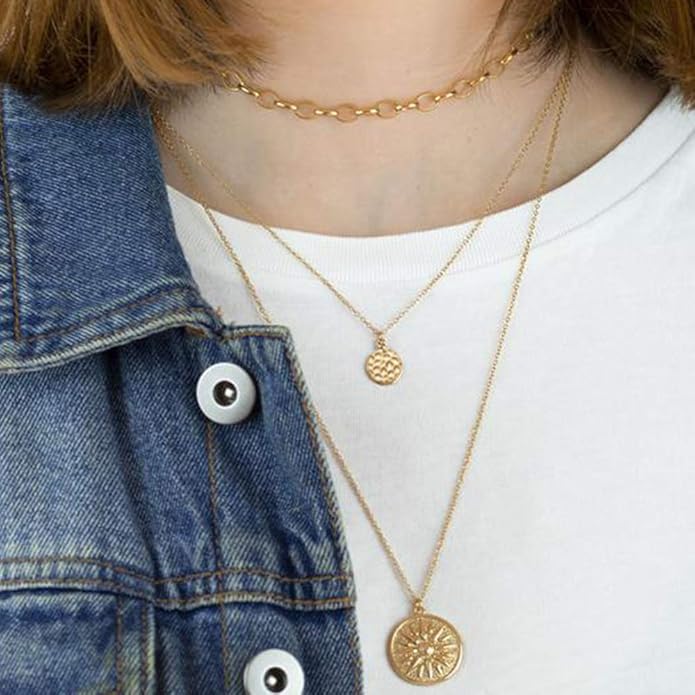 Turandoss Gold Layered Necklaces for Women - 14K Gold Plated Handmade Multilayer Bar Pearls Coin Disc Moon Butterfly Medallion Adjustable Dainty Layered Choker Necklaces for Women Jewelry