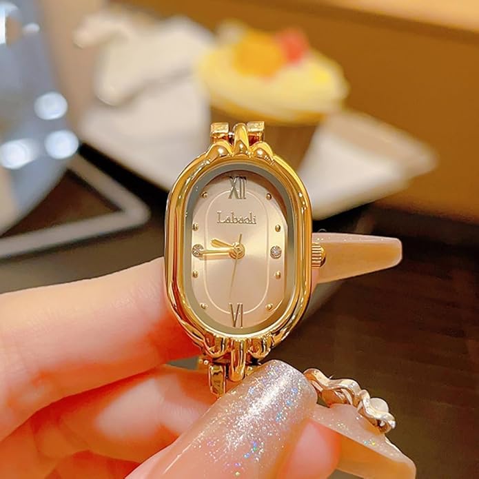 Women's Vintage Oval Watches Luxury Minimalism Bracelet Small Gold Tone Watch Ladies Analog Waterproof Watch Fashion Bangle Bracelet Dress Watch with Stainless Steel Band