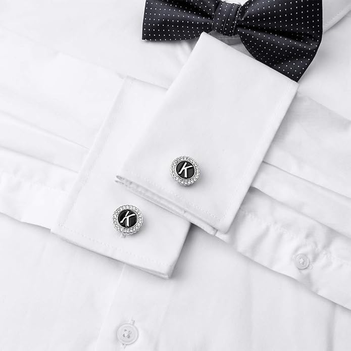 HAWSON A-Z Initial Cufflinks for Men and Women with Clear Crystal, Gold Silver Color Rasied Letter A-Z Cuff Links for French Shirt, Gift for Normal and Business Wearing