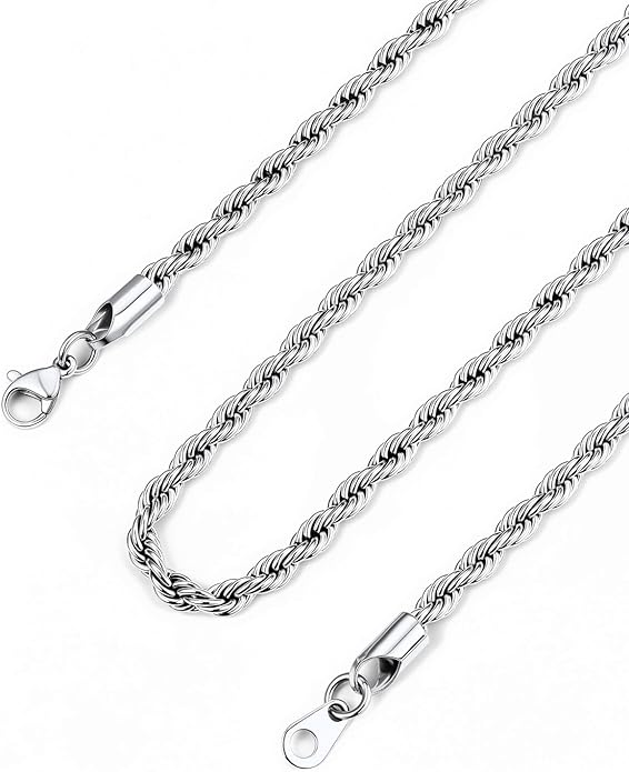 Bandmax Solid 1.5mm/2mm/3mm/6mm Rope Chains for Men Women 14K Gold Plated/Black Plated Stainless Steel Twist Chain 16-30 Inches, with Gift Box