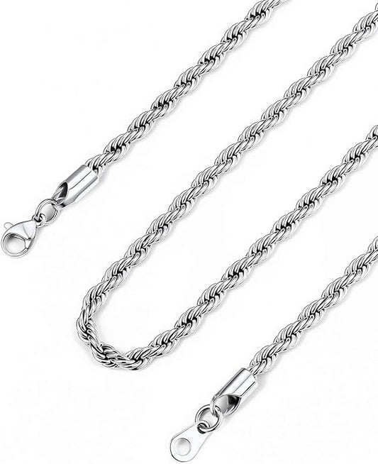 Bandmax Solid 1.5mm/2mm/3mm/6mm Rope Chains for Men Women 14K Gold Plated/Black Plated Stainless Steel Twist Chain 16-30 Inches, with Gift Box