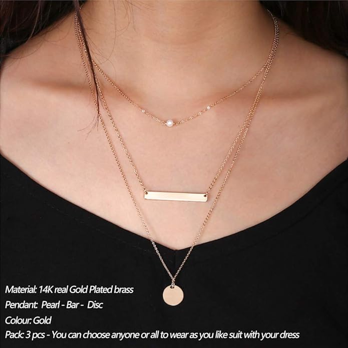 Turandoss Dainty Layered Choker Necklace, Handmade Y Pendant Necklace Multilayer Bar Disc Necklace Adjustable Layering Choker Necklaces for Women