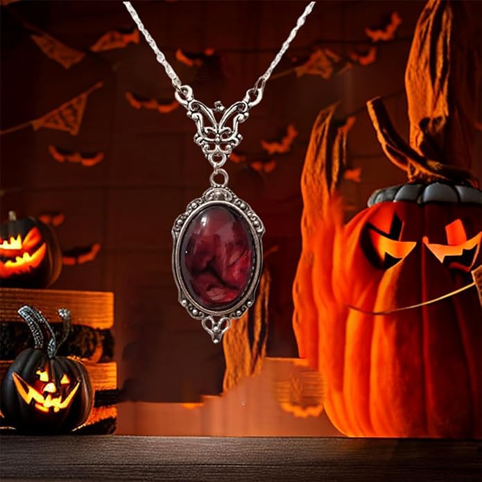 Gothic Vampire Necklace Vintage Stardust Crystal Cameo Pendant Necklace Punk Style Vampire Pendant Oval Necklace Satanic Demon Red Pendant Necklace Jewelry