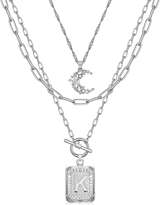 MJartoria Layered Initial Necklaces for Women Trendy, 14K Gold Plated Brass Simple Moon Choker Square Letter Pendant Necklace, Paperclip Chain Necklaces Jewelry Gifts