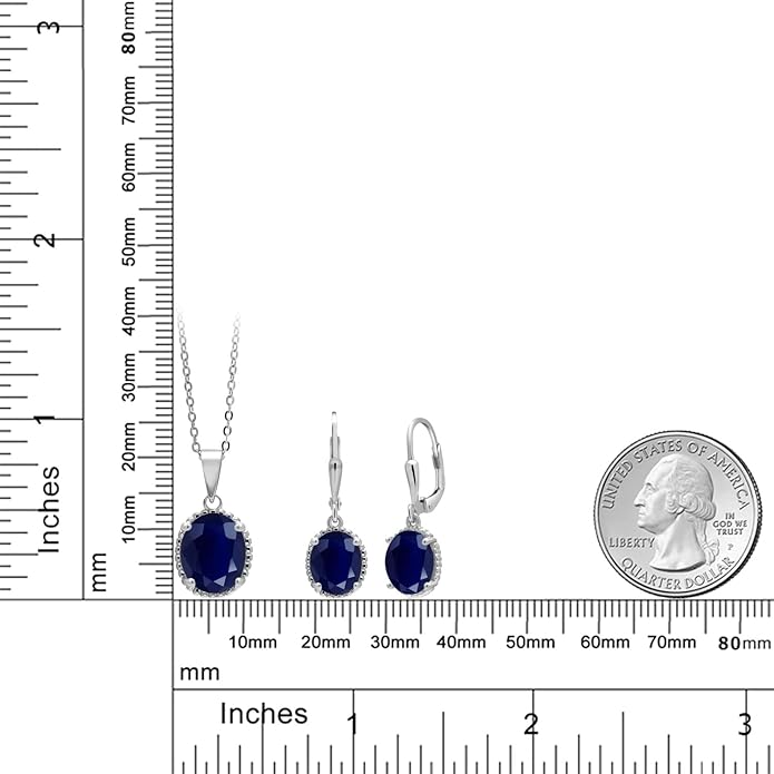 Gem Stone King 925 Sterling Silver Blue Sapphire Pendant and Earrings Jewelry Set For Women (8.90 Cttw, Gemstone Birthstone, Oval 11X9MM and 9X7MM, with 18 Inch Silver Chain)