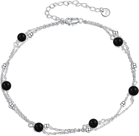 CRMAD Pearl/Moonstone/Larimar/Turquoise/Opal/Black Onyx Bracelet Anklet for Women Sterling Silver Beach Jewelry Gift for Women