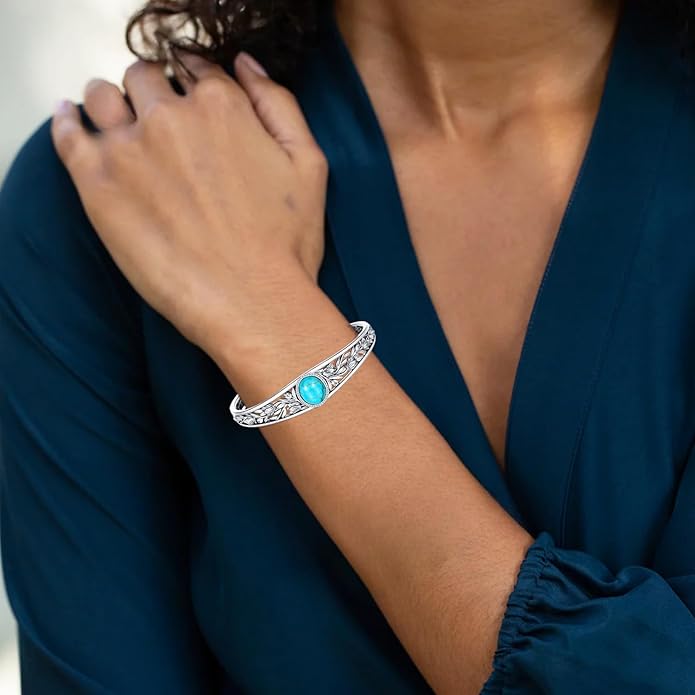 Christmas Jewelry Gift for Women-Genuine Turquoise Cuff Bracelet, Sterling Silver Western Vintage Floral Bangle Native American Jewelry, For 6.5-7.5 Inch Wrists