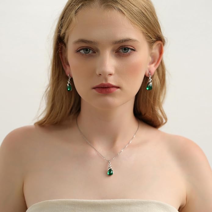 RUOFFETA Teardrop Crystal Jewelry Set, Birthstone Pendant Necklace Drop Dangle Earrings for Women