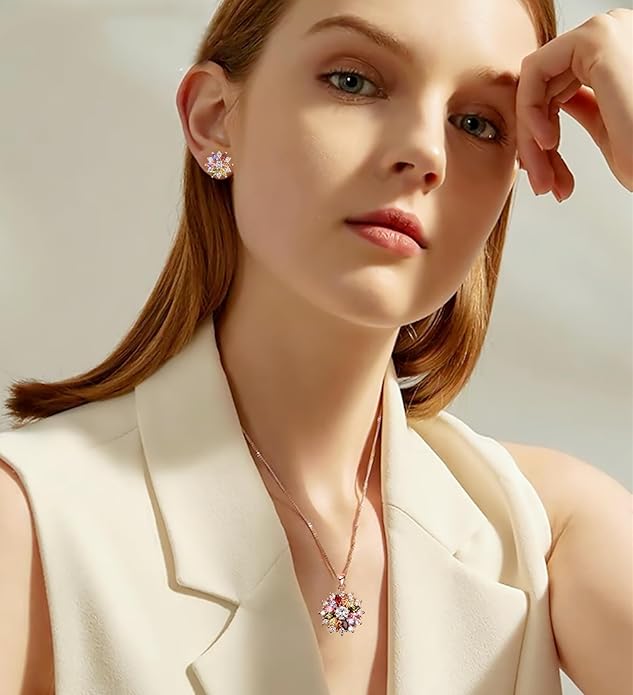 VONSSY Colorful Snowflake Pendant Necklace Earrings Rose Gold 5A Cubic Zirconia | Crystal Sweater Chain | Multi Gemstone Garnet Amethyst Morganite Peridot Prom Rhinestone Necklaces for Women Vintage Stylish Gift