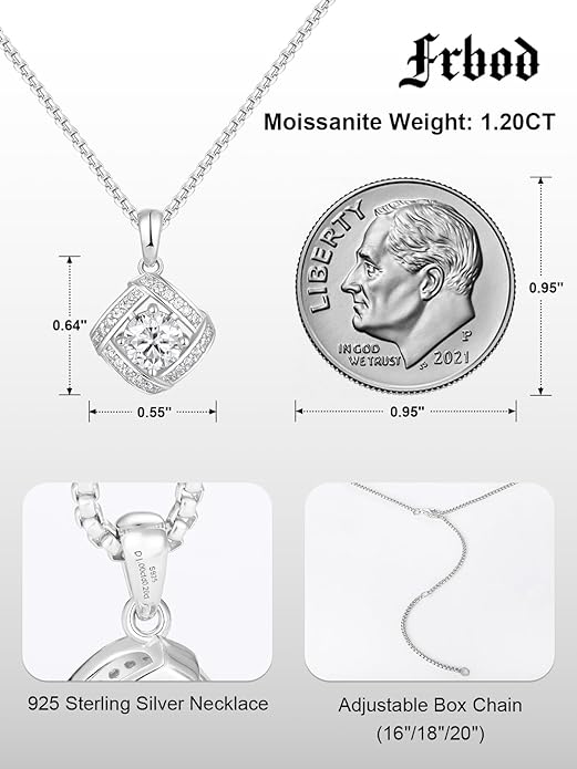 D Color 0.53ct/1.24ct/1.72ct/1.2ct Moissanite Necklace for Women Men, 925 Sterling Silver Chunky Circle/Triangle/Square Pendant, Birthday Christmas Valentines Jewelry, 16-20 Inch Box Chain Adjustable