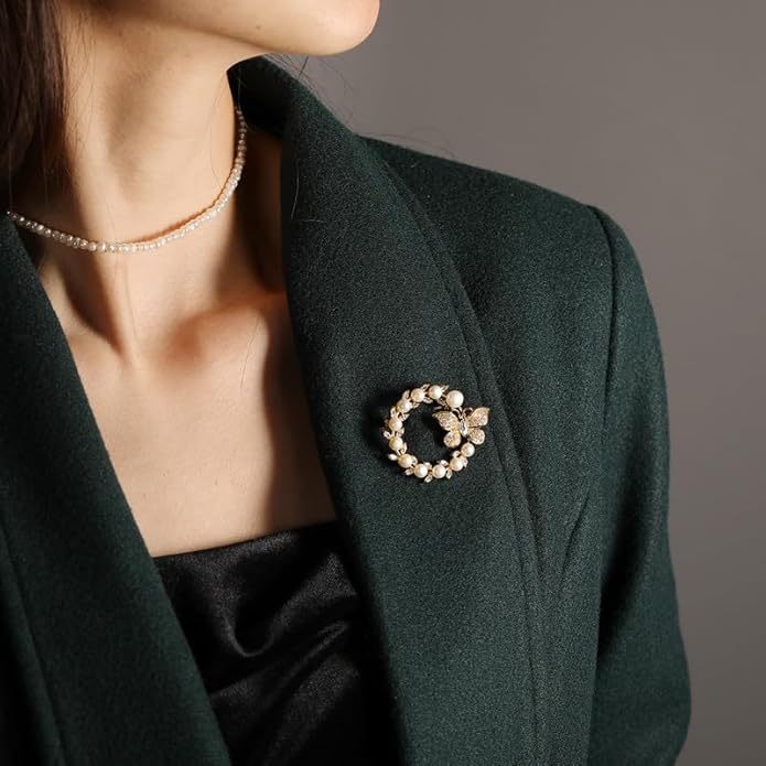 14K Gold Grand Butterfly Brooch with Crystal Embellishments, Circular Design Adorned with Natural Pearl, Luxurious and Elegant Pin for Stylish Attire