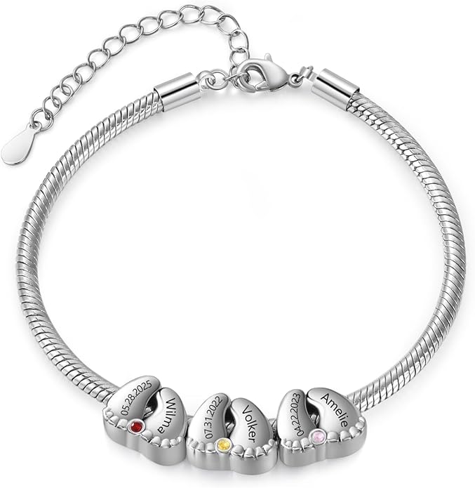 Jeweidea Personalized Foot Charm Birthstone Bracelet – Custom Engraved Bracelet with 1–5 Foot Charms, Name and Date Engraving, Meaningful Jewelry Gift for Mom Wife