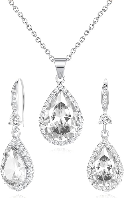 Sumonyo Women Jewelry Set Silver/Gold Plated Teardrop Pendant Necklace Dangle Drop Earrings Dangling Sets Birthstone Crystals Rhinestone,Birthday Anniversary Wedding Mother’s Day Gifts for Women
