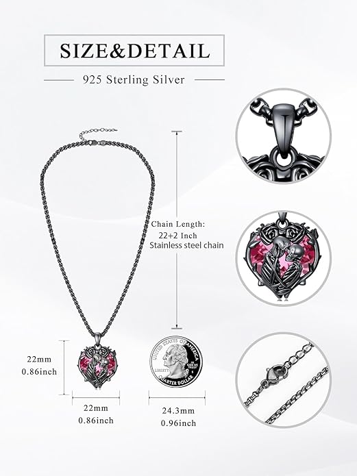 Flpruy 925 Sterling Silver Black Gothic Jewelry Gifts Skeleton Couple Pendant Crystal Birthstone Heart Necklace Punk Romantic Jewelry for Lover Men Women