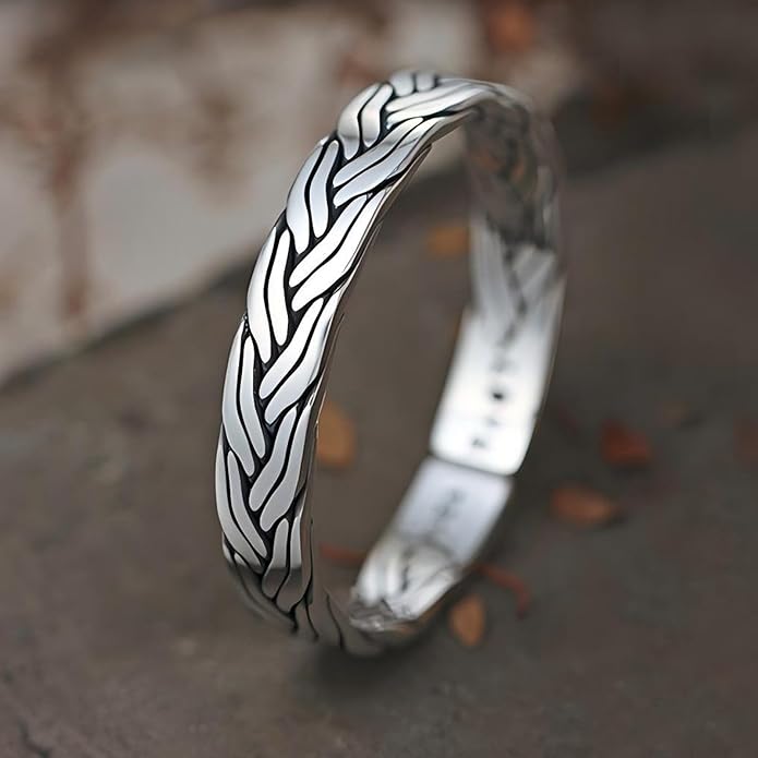 Kim Carrey S925 Sterling Silver Bracelet, Open Bangle Cuff Design, Men's Stacked Bracelets Gift Jewelry for My Man