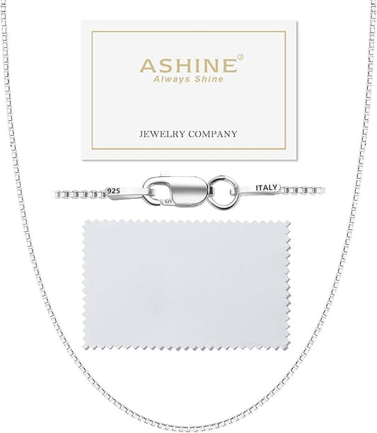 ASHINE 925 Sterling Silver Box Chain Necklace for Women, 1mm 0.8mm Italian Chains, Dainty & Sturdy Necklace with Silver Polishing Cloth Available in 16-36 Inch