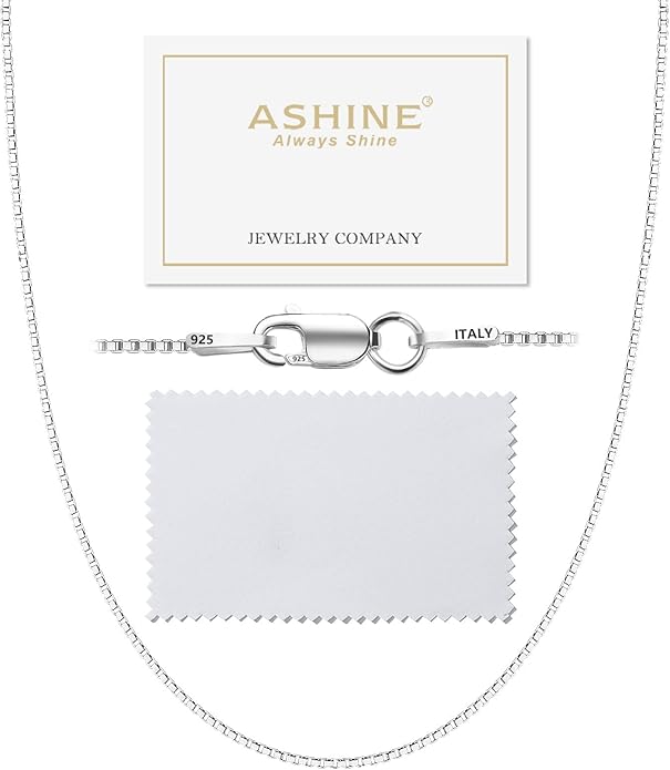 ASHINE 925 Sterling Silver Box Chain Necklace for Women, 1mm 0.8mm Italian Chains, Dainty & Sturdy Necklace with Silver Polishing Cloth Available in 16-36 Inch