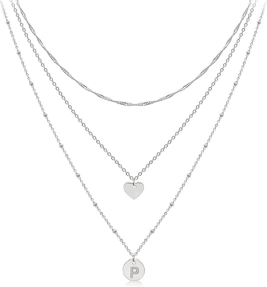 Aisansty Dainty Layered Initial Choker Necklaces Handmade 14K Gold Plated Tiny Heart Personalized Letter Disc Pendant Adjustable Chain Layering Gold Necklaces for Women Gift Jewelry