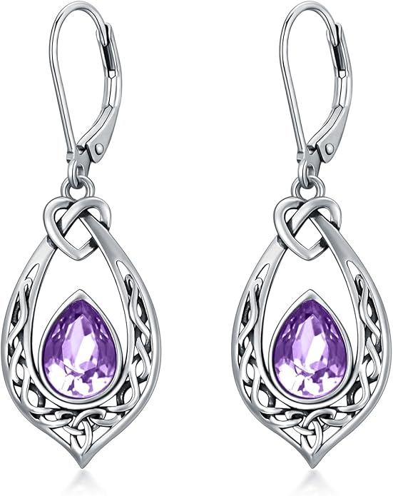 Celtic Knot Dangle Earrings 925 Sterling Silver Oxidized Vintage Drop Leverback Earrings with 8 * 6mm Simulated Birthstone Crystal Christmas Jewelry Gifts for Women (Gift Box)