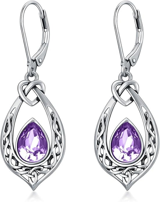 Celtic Knot Dangle Earrings 925 Sterling Silver Oxidized Vintage Drop Leverback Earrings with 8 * 6mm Simulated Birthstone Crystal Christmas Jewelry Gifts for Women (Gift Box)