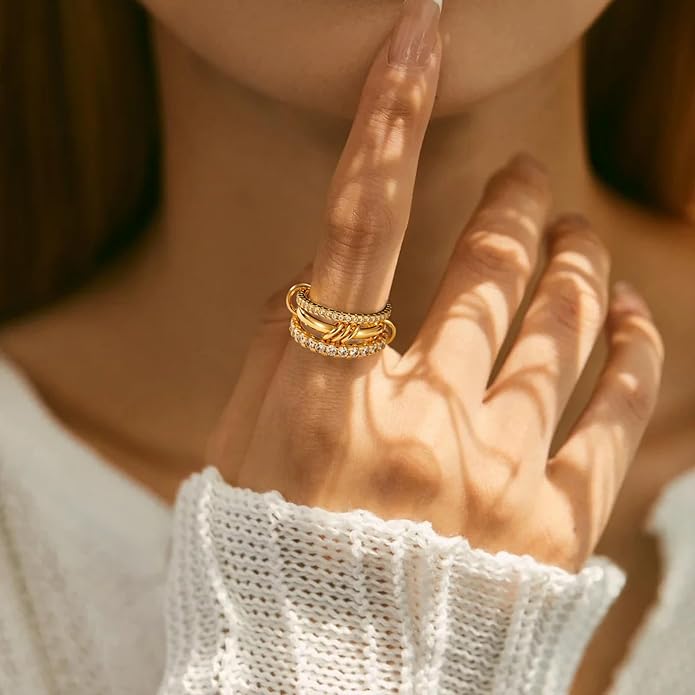 HOSICRON Gold Stackable Rings for Women Non Tarnish, Dainty Stackable 18k Gold Plated CZ Cubic Zirconia Rings, Gold Knuckle Women Rings Set