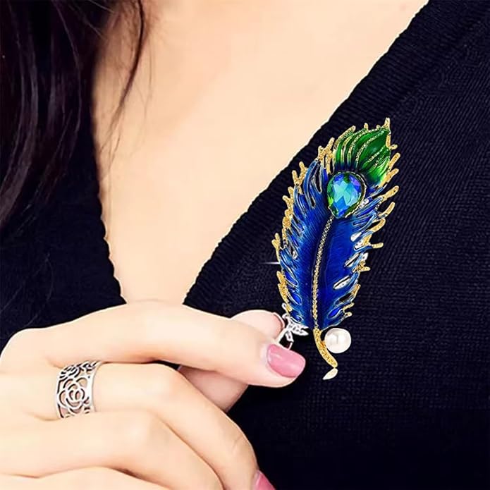 Rhinestone Feather Brooches for Women Men,Vintage Animal Peacock Pin Gold/Silver/Blue/ Crystal Diamond Lapel Pins Fashion Enamel Feather Leaf Brooch Elegant Dress Coat Pin Decor Wedding Christmas Birthday Jewelry