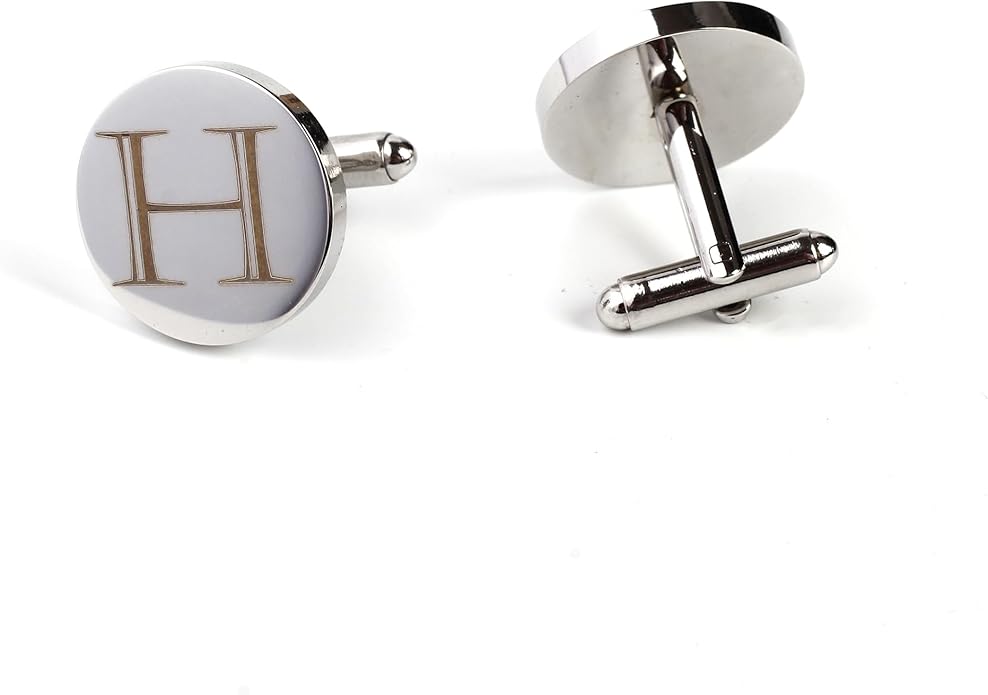 Mens Initial Silver Cufflinks A-Z Alphabet Letter Steel Cuff Links with Engraved Walnut Wood Box Groom Groomsman Wedding Set…