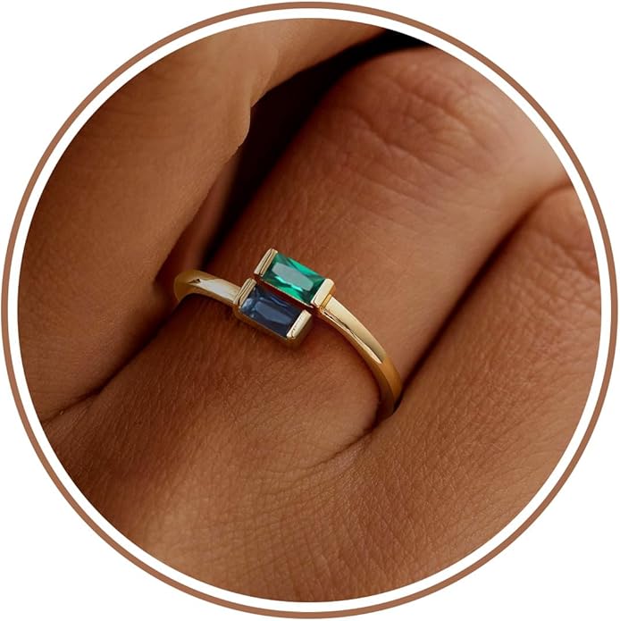 JSJOY Birthstone Rings for Women Dainty Emerald Blue Ring Birthday Gifts for Mom Her Gemstones CZ Ring for Teens Gold Rings That Don't Tarnish Adjustable Ring Jewelry Gifts