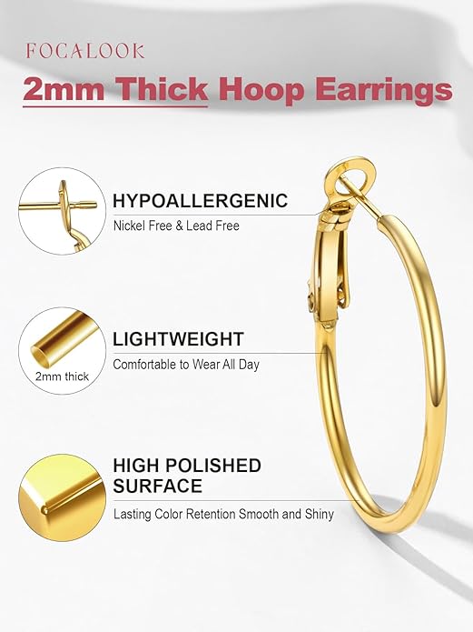 FOCALOOK 14K Gold Plated Lightweight Large Hoops| 2mm Thin Hoop Earrings for Women 30/40/50/70/100mm