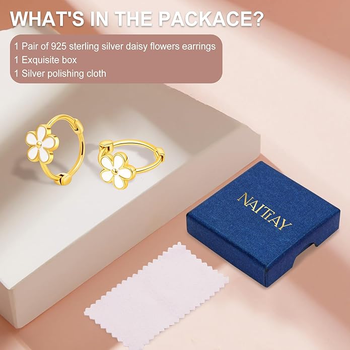 925 Sterling Silver Earrings for Women Dainty Dripping Oil Enamel Daisy Flowers Earrings Minimalist Style Jewelry Sensitive Earrings for Women Hypoallergenic Huggie Hoops