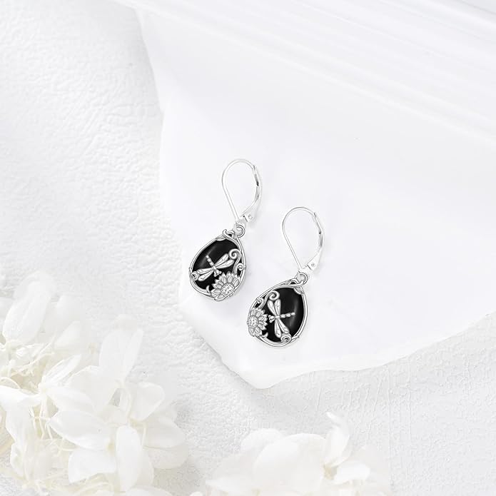 Dragonfly/Filigree Boho Black Onyx Earrings 925 Sterling Silver Black Onyx Dangle Drop Earrings Jewelry Gift for Women